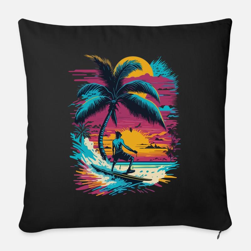 Planche de surf Summer Sun Palm Beach Island - Coussin et housse de 45 x 45 cm - noir