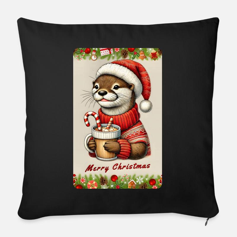 Loutre de Noël au chocolat chaud - Coussin et housse de 45 x 45 cm - noir