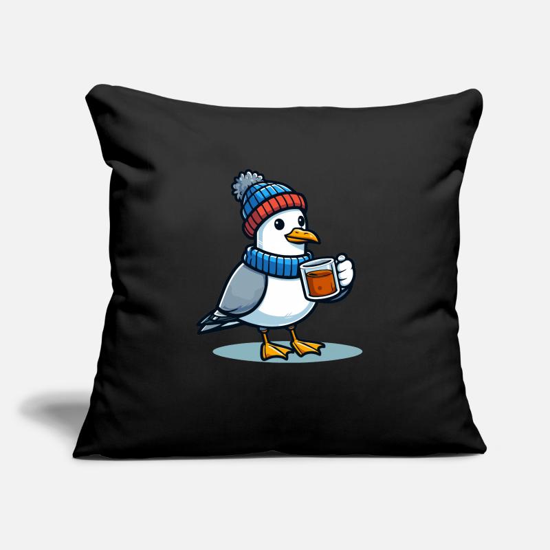 Nordsee Möwe Mütze Beanie trinkt Tee oder Kaffee Sofakissen mit Füllung 45 x 45 cm