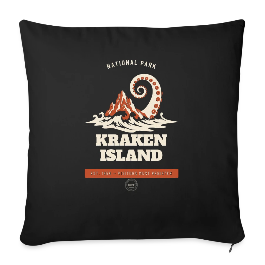 Kraken Island badge on a sofa pillow with filling 45cm x 45cm, black, front