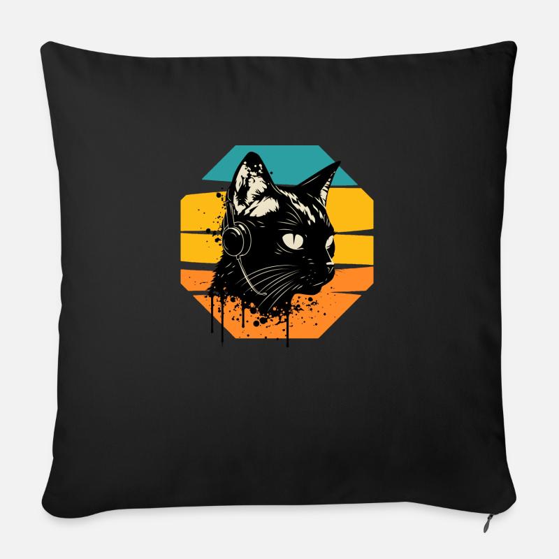 Kopfhörer mit Katze | Katze trägt Kopfhörer - Sofakissen mit Füllung 45 x 45 cm - Schwarz