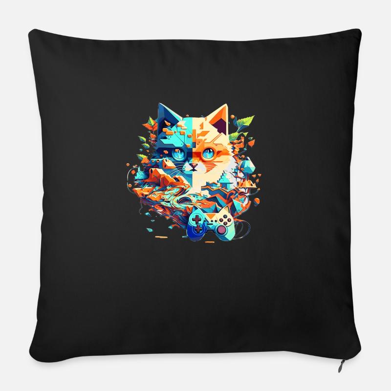 Katzengesicht als Videospieler mit Controller - Sofakissen mit Füllung 45 x 45 cm - Schwarz