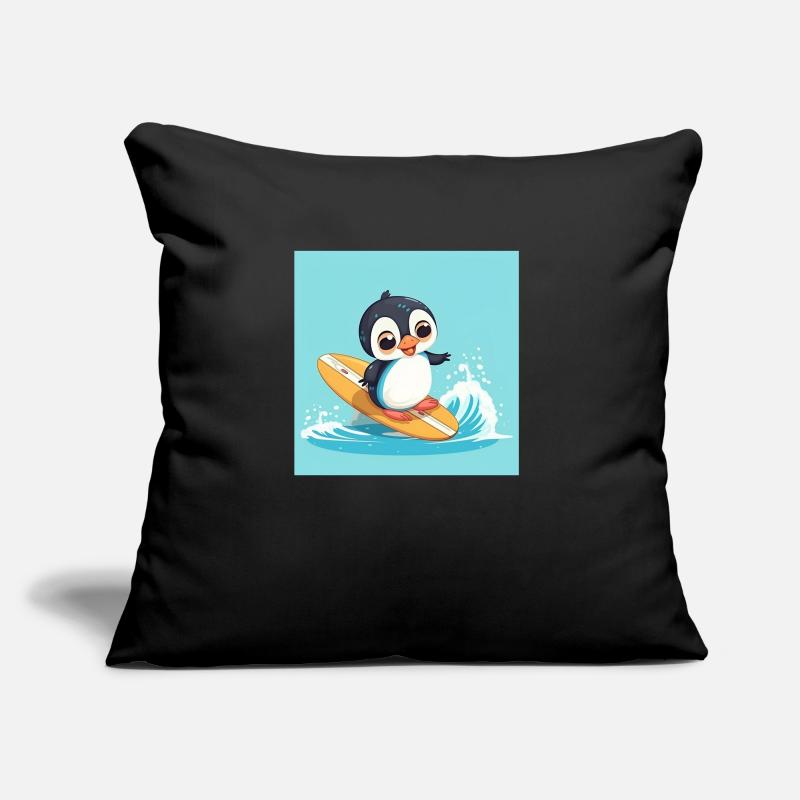 Pingouin de surf mignon sur une planche de surf Coussin et housse de 45 x 45 cm