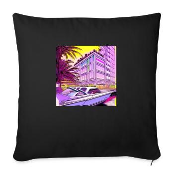 Bateau devant un immeuble de grande hauteur sous le soleil du soir - Coussin et housse de 45 x 45 cm - noir - Devant