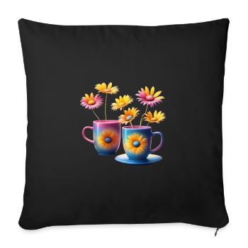Flowers and coffee - Sofa pillow with filling 45cm x 45cm - black - Front