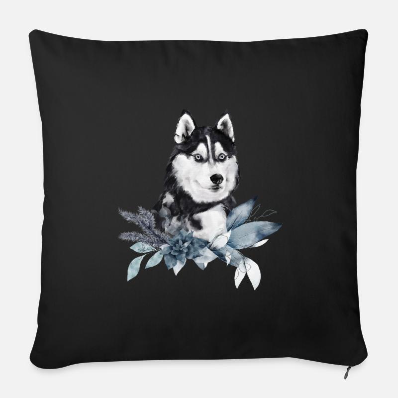 Portrait husky décoré de plantes de Noël - Coussin et housse de 45 x 45 cm - noir