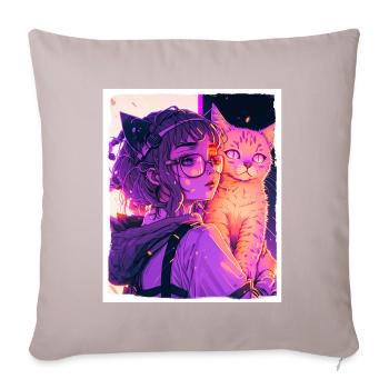 Anime Girl Cat Kitten Manga Ink Flower Neon - Sofa pillow with filling 45cm x 45cm - light taupe - Front