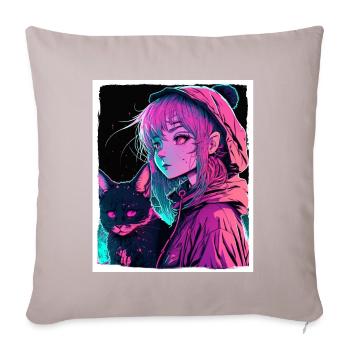 Anime Girl Cat Kitten Manga Ink Flower Neon - Sofa pillow with filling 45cm x 45cm - light taupe - Front