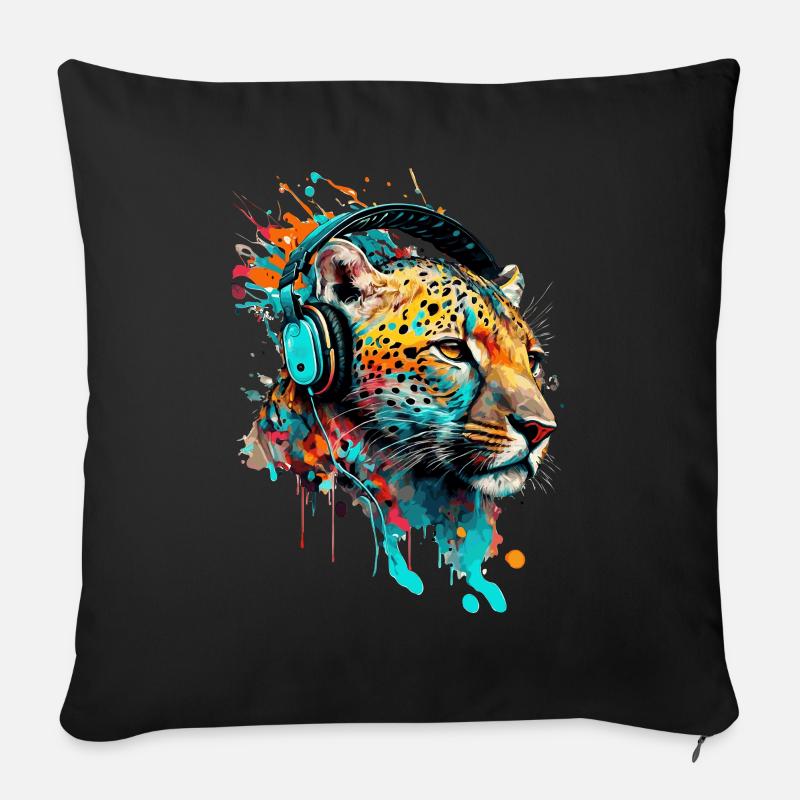 Leopard mit Kopfhörern DJ - Sofakissen mit Füllung 45 x 45 cm - Schwarz