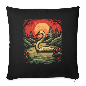 Woodcut with swan on a lake - Sofa pillow with filling 45cm x 45cm - black - Front