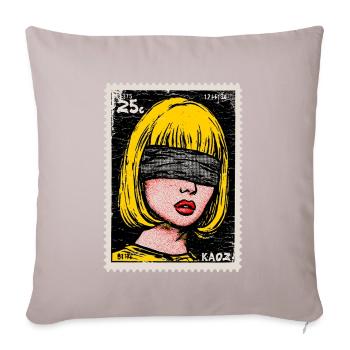 Femme avec bandeau sur les yeux en timbre pop art - Coussin et housse de 45 x 45 cm - taupe clair - Devant