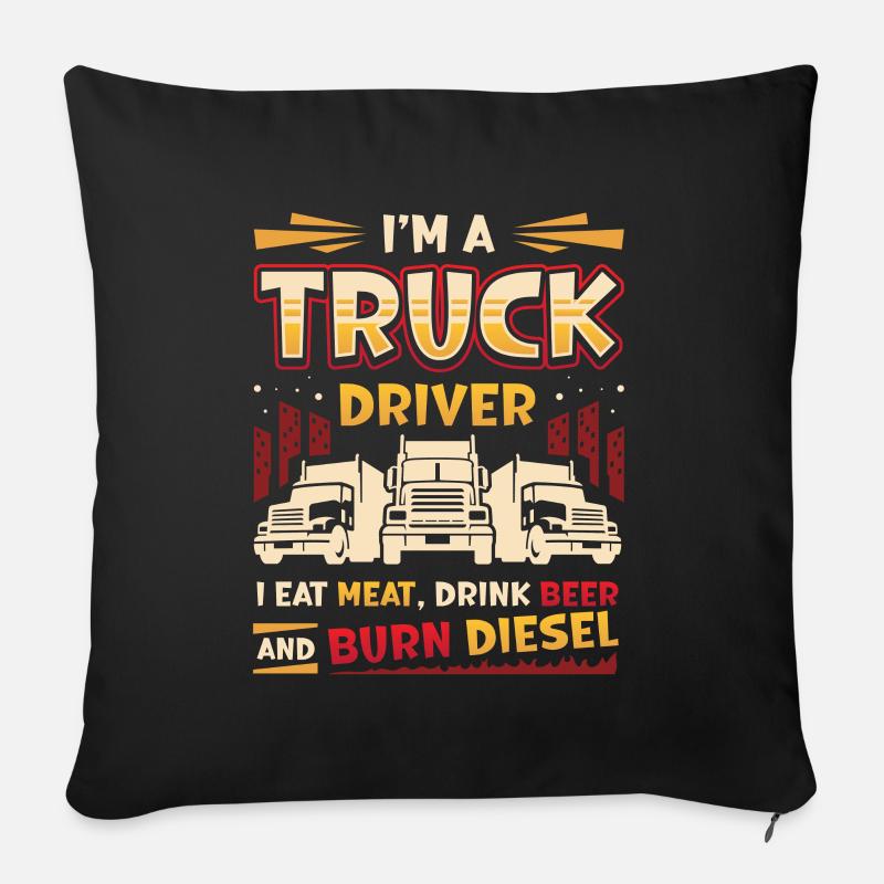 Le chauffeur de camion mange de la viande et boit de la bière - Coussin et housse de 45 x 45 cm - noir