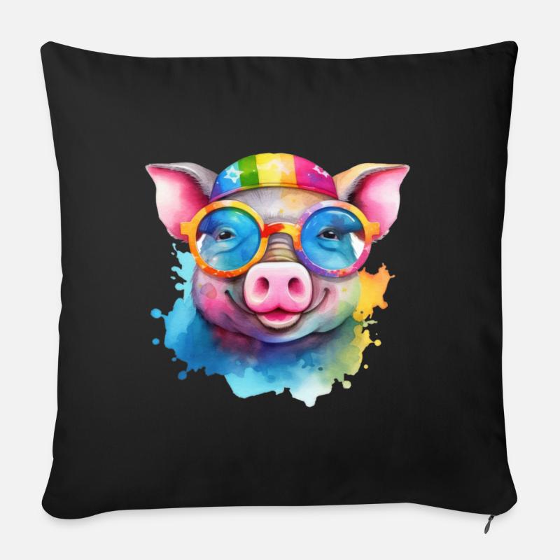 Cochon cool coloré avec des lunettes de soleil - Coussin et housse de 45 x 45 cm - noir