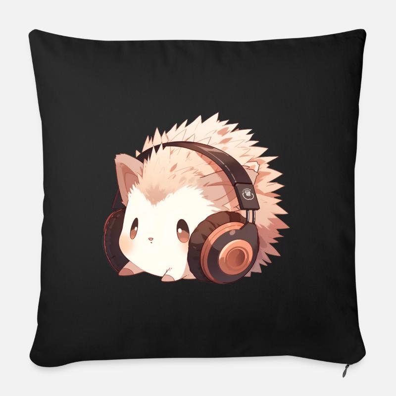 Cute hedgehog with headphones - Sofa pillow with filling 45cm x 45cm - black