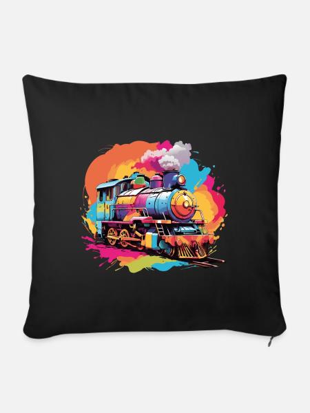 Bunte farbenfrohe Dampflokomotive - Sofakissen mit Füllung 45 x 45 cm - Schwarz