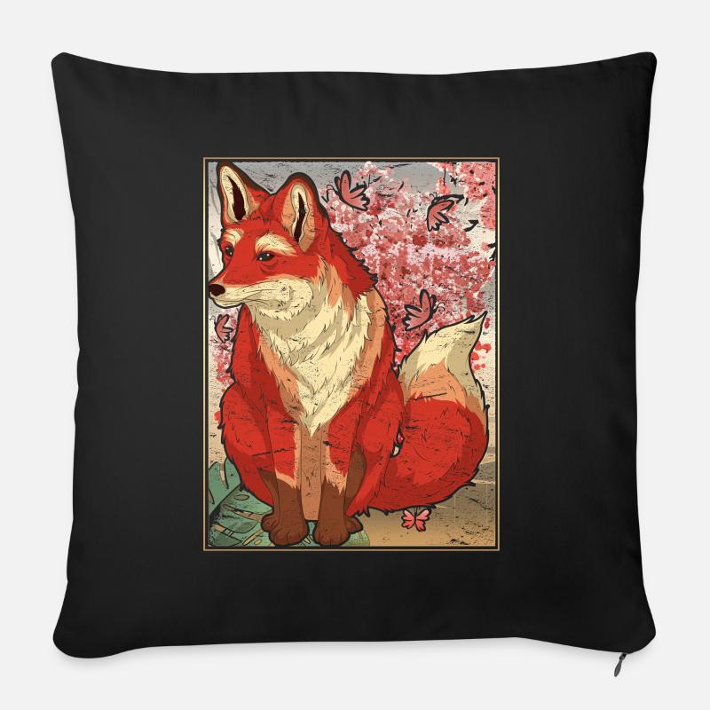 Cherry Blossom Forest Animal Sakura Gift Fox - Sofa pillow with filling 45cm x 45cm - black