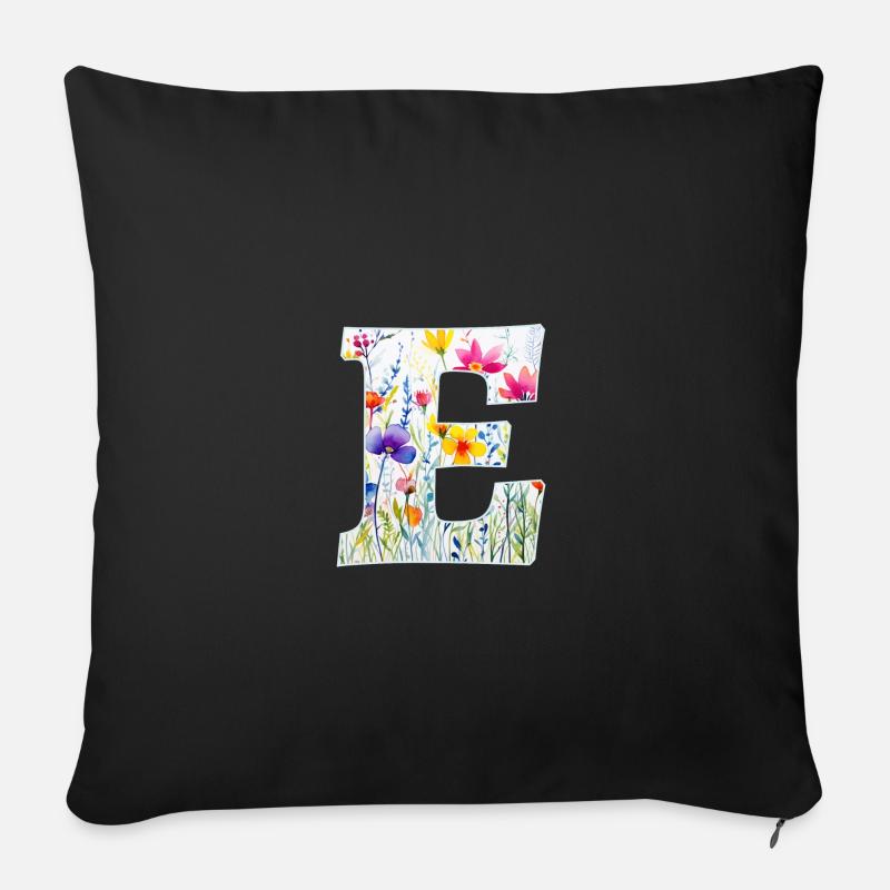 Buchstabe E, Monogramm, Blumenmuster - Sofakissen mit Füllung 45 x 45 cm - Schwarz