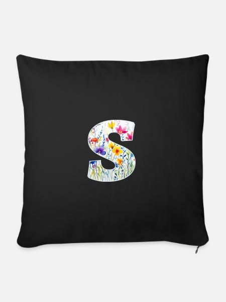 Buchstabe S, Monogramm, Blumenmuster - Sofakissen mit Füllung 45 x 45 cm - Schwarz