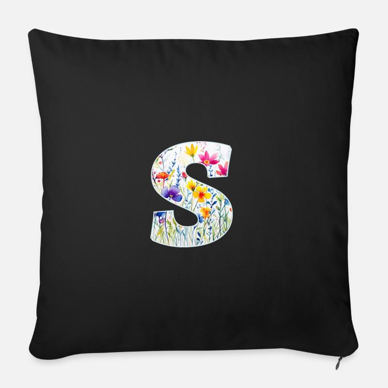 Buchstabe S, Monogramm, Blumenmuster - Sofakissen mit Füllung 45 x 45 cm - Schwarz