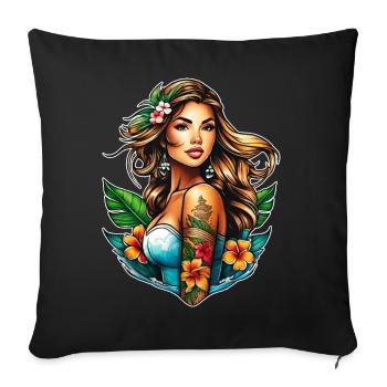 Pin-up sexy girl avec tatouages et fleurs - Coussin et housse de 45 x 45 cm - noir - Devant