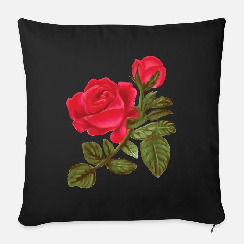 Rose Aquarelle peinte à la main - Coussin et housse de 45 x 45 cm - noir