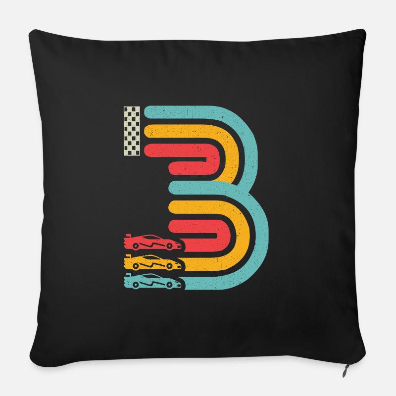 3ème anniversaire voiture de course 3 ans voiture de course - Coussin et housse de 45 x 45 cm - noir
