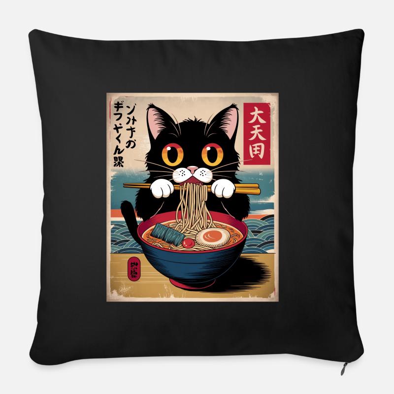 Kawaii Katze Ramen Nudeln Anime Katze - Sofakissen mit Füllung 45 x 45 cm - Schwarz
