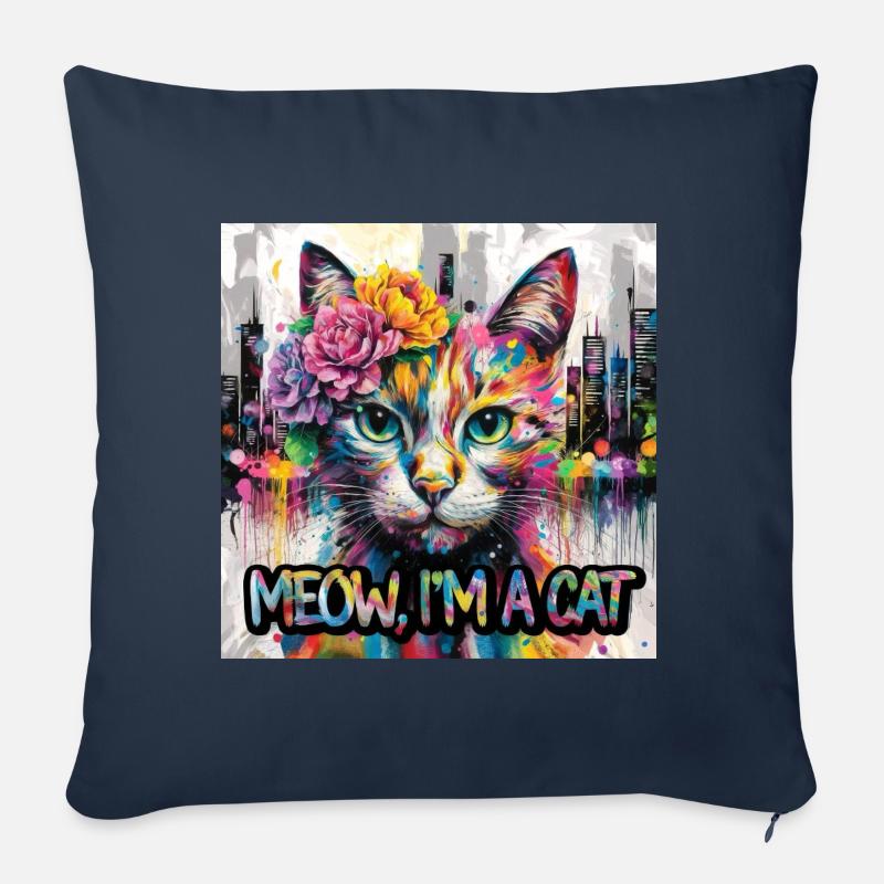 Chat astucieux Version 2 - Coussin et housse de 45 x 45 cm - bleu marine