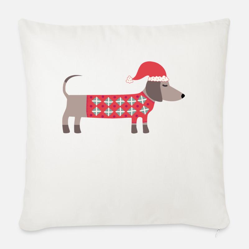 Weihnachtsdackel Hund mit Nikolausmütze und Pullover - Sofakissen mit Füllung 45 x 45 cm - Naturweiß 
