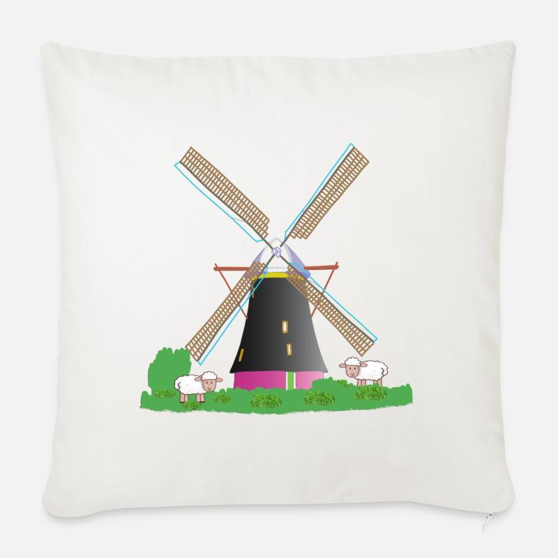 Moulin à vent avec des moutons - Coussin et housse de 45 x 45 cm - blanc nature