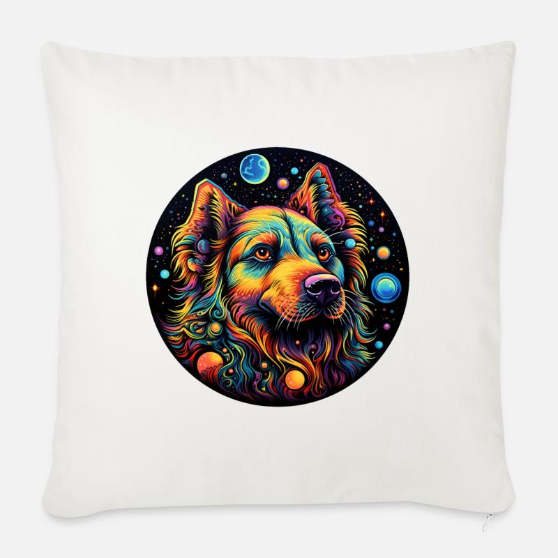 Chien de l’espace coloré avec des planètes - Coussin et housse de 45 x 45 cm - blanc nature
