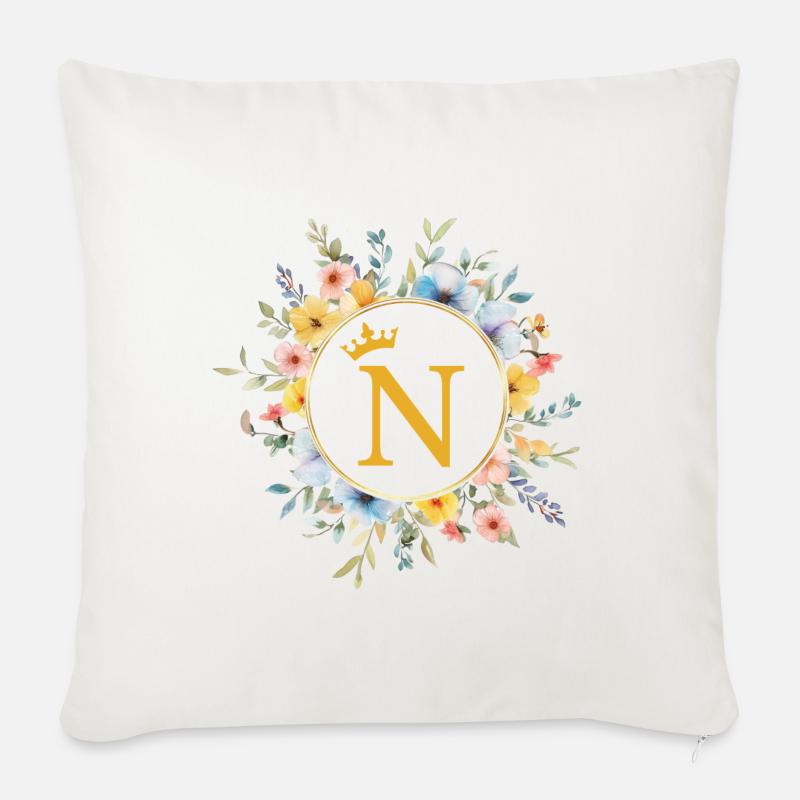 N Monogramme, Cercle de fleurs, Personnalisable - Coussin et housse de 45 x 45 cm - blanc nature