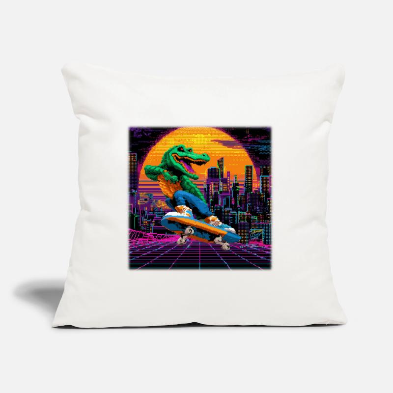 Skating Pixel Krokodil im Retro 80s Synthwave Sofakissen mit Füllung 45 x 45 cm