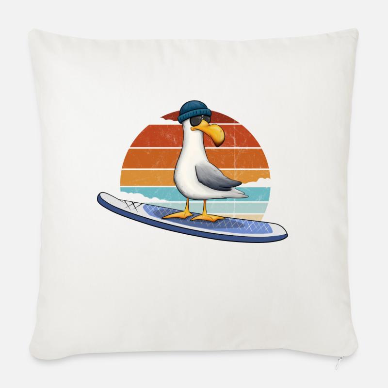 Retro Strand Surfer Vogel Stand Up Paddle SUP Möwe - Sofakissen mit Füllung 45 x 45 cm - Naturweiß 