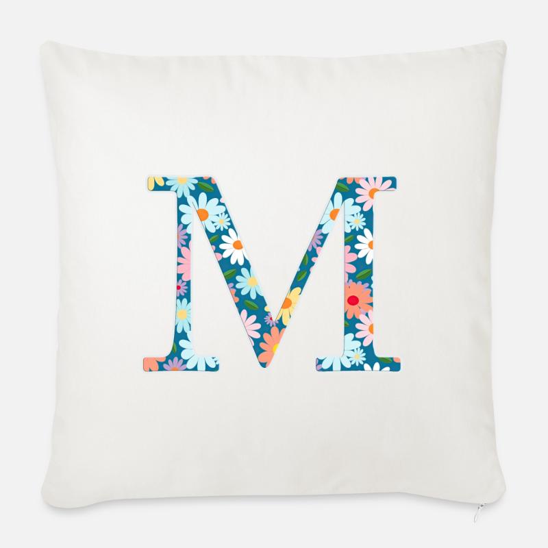 Customizable Monogram M Floral Pattern - Sofa pillow with filling 45cm x 45cm - natural white