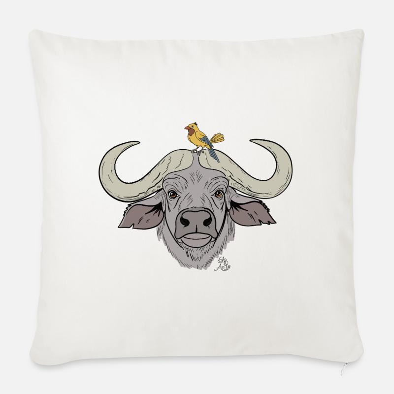 Stämmiger Büffel mit Singvogel - Sofakissen mit Füllung 45 x 45 cm - Naturweiß 