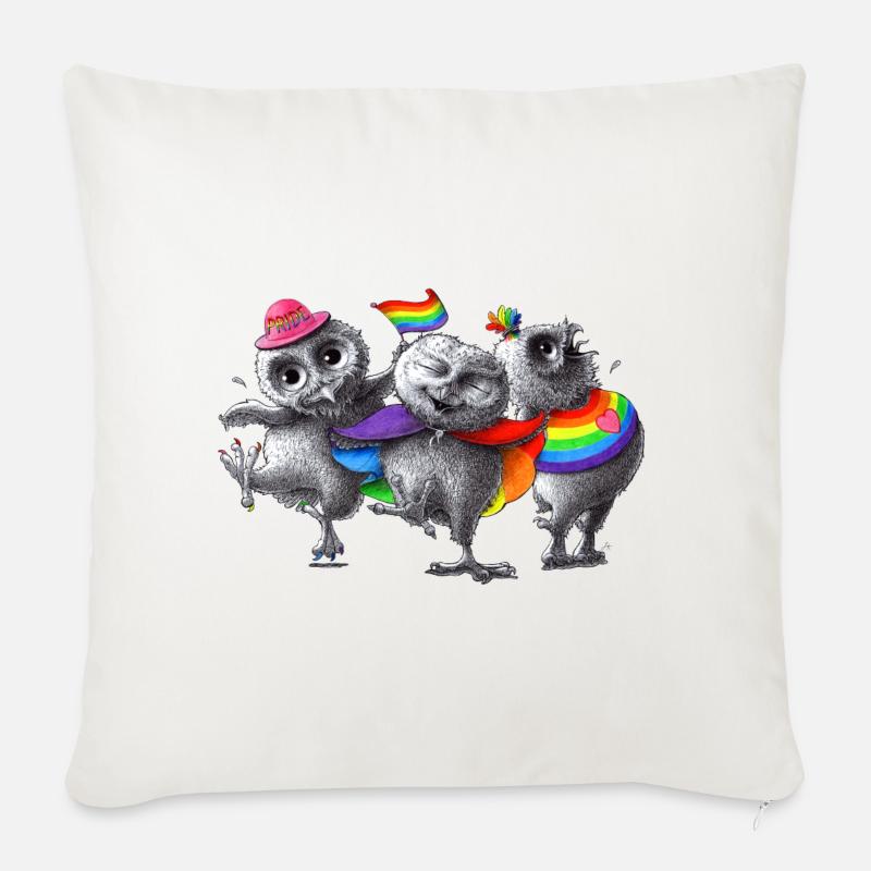 pride - trois hiboux heureux - Coussin et housse de 45 x 45 cm - blanc nature