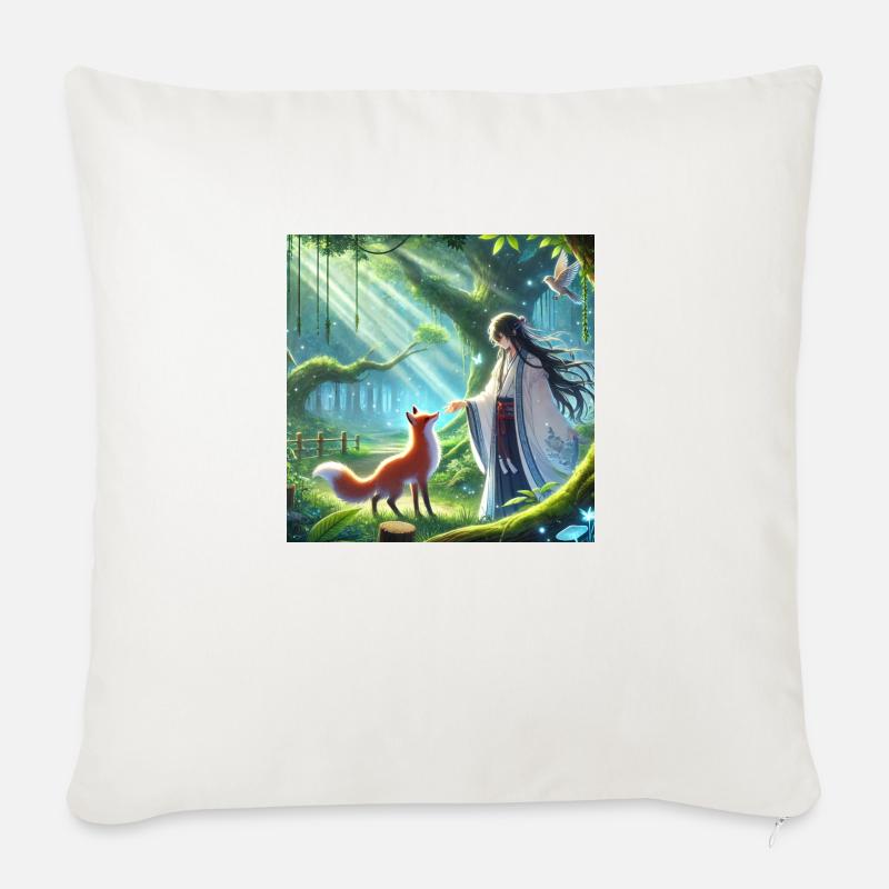 Frau mit Fuchs Animestyle - Sofakissen mit Füllung 45 x 45 cm - Naturweiß 
