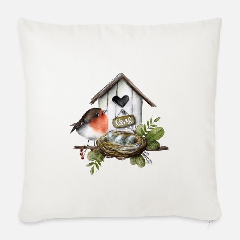 Vogelhaus mit Rotkehlchen - Sofakissen mit Füllung 45 x 45 cm - Naturweiß