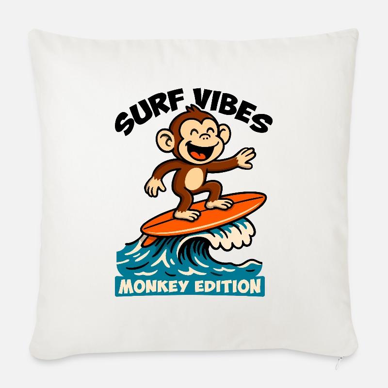Surfestemning, apekattutgave. Glad surfeape - Sofapute med fylling 45 x 45 cm - naturhvit