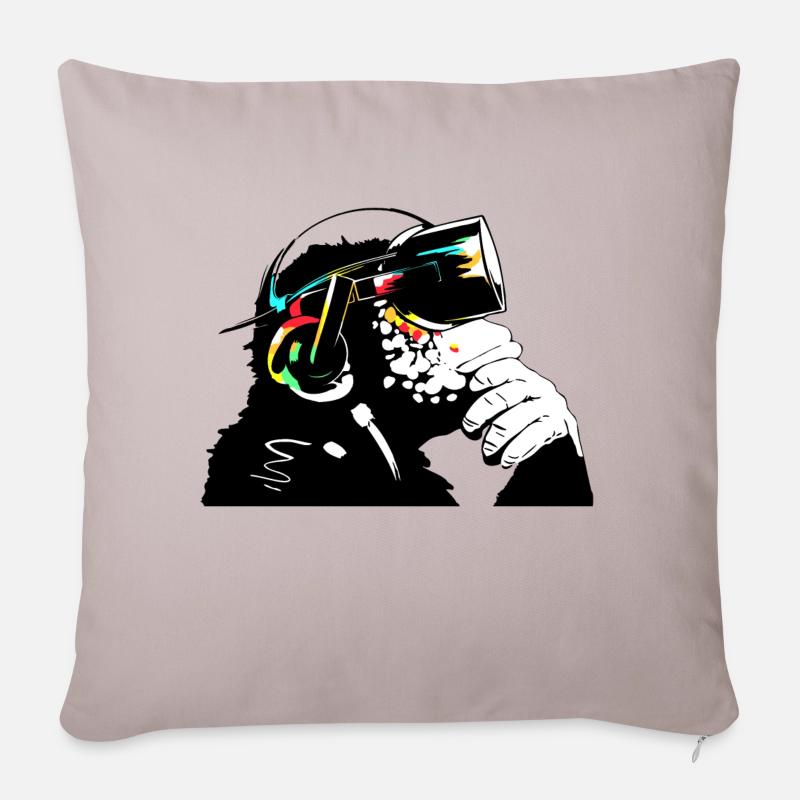 Monksy - Monkey with Virtual Reality goggles - Sofa pillow with filling 45cm x 45cm - light taupe