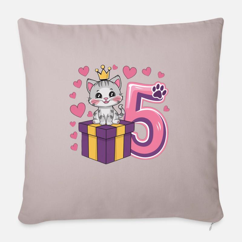 Chat mignon - 5e anniversaire - 5 ans - Coussin et housse de 45 x 45 cm - taupe clair