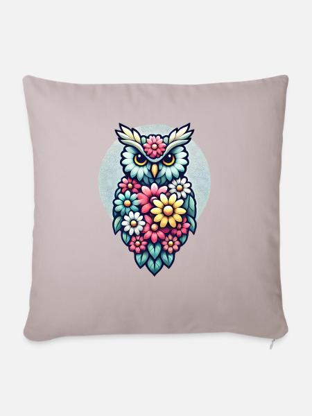 Bunte Blumen Eule - Sofakissen mit Füllung 45 x 45 cm - helles Taupe