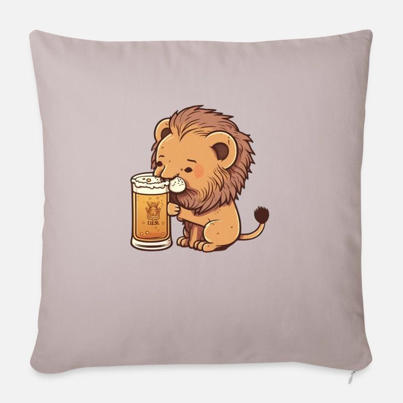 Doux petit lion avec bière - Coussin et housse de 45 x 45 cm - taupe clair