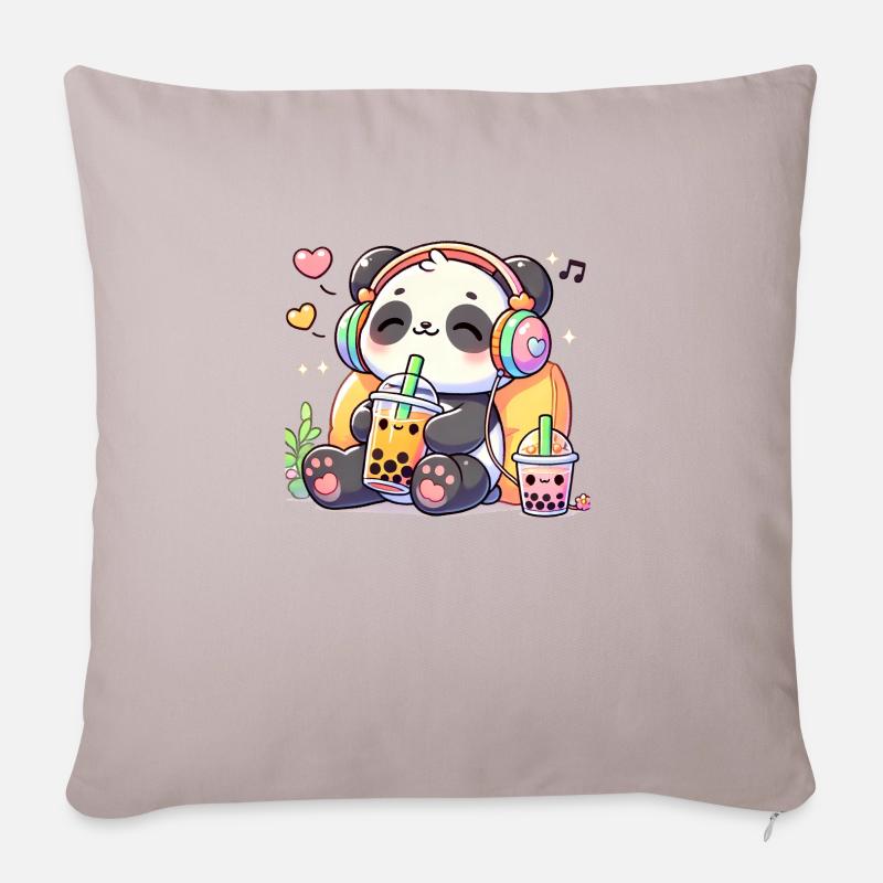 Panda mignon buvant du thé Boba - Coussin et housse de 45 x 45 cm - taupe clair