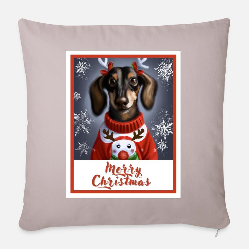 Dackel im roten Weihnachtspullover mit, Schneemann - Sofakissen mit Füllung 45 x 45 cm - helles Taupe