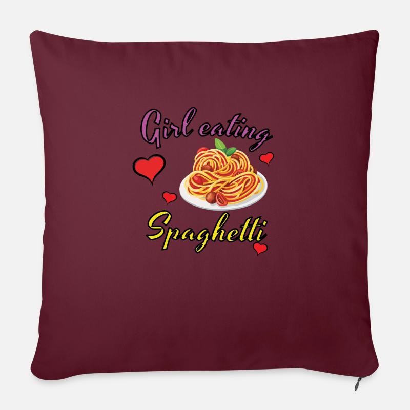 Fille mangeant des spaghettis, design drôle - Coussin et housse de 45 x 45 cm - bordeaux