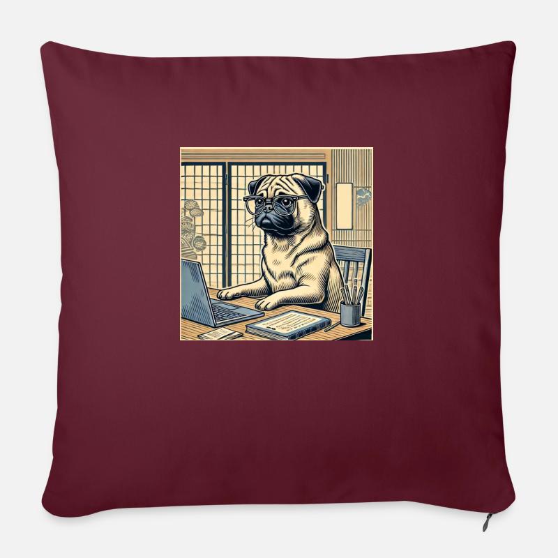 Japan Ukijo e Stil Schreibtisch Mops - Sofakissen mit Füllung 45 x 45 cm - Burgunderrot