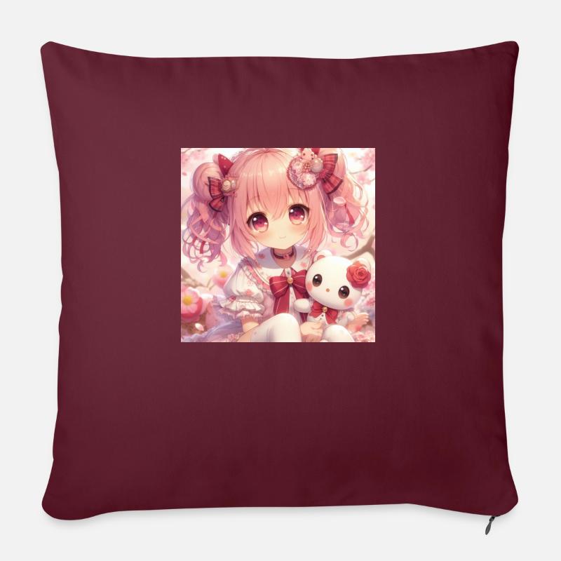 Bambina con la sua bambola anime giapponese - Cuscino da divano 45 x 45 cm con riempimento - rosso borgogna
