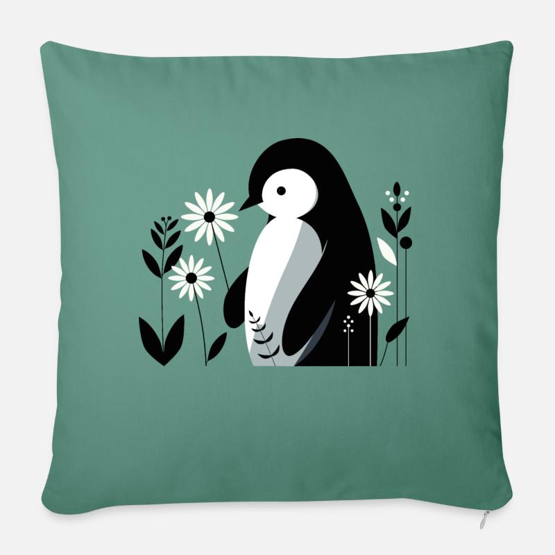 Pinguin mit Blumen - Sofakissen mit Füllung 45 x 45 cm - Tanngrün